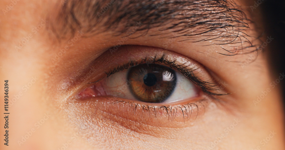 Obraz premium Eye care, vision and health closeup of person for ophthalmology, perception and contact lenses. Optometry, retina and iris with zoom of eyeball of model for ocular, wellness and eyesight exam