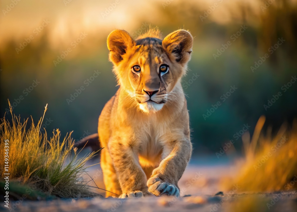 A lone lion cub frolics freely in the sun-drenched outdoors. A lone lion cub frolics freely in the sun-drenched outdoors.