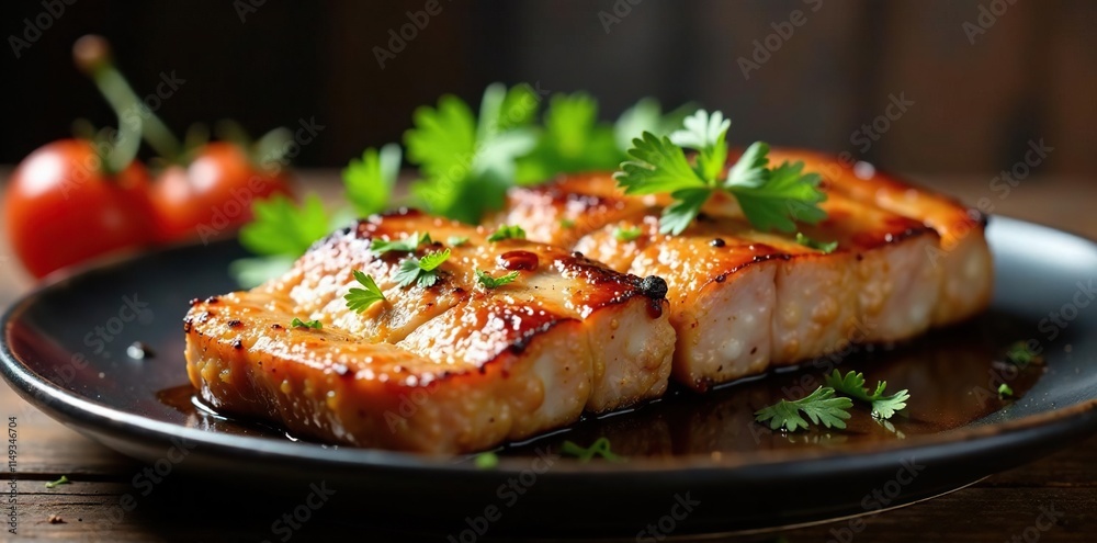 Pork filet grilled to perfection on a hot grill plate, dinner, savory, pork Pork filet grilled to perfection on a hot grill plate, dinner, savory, pork