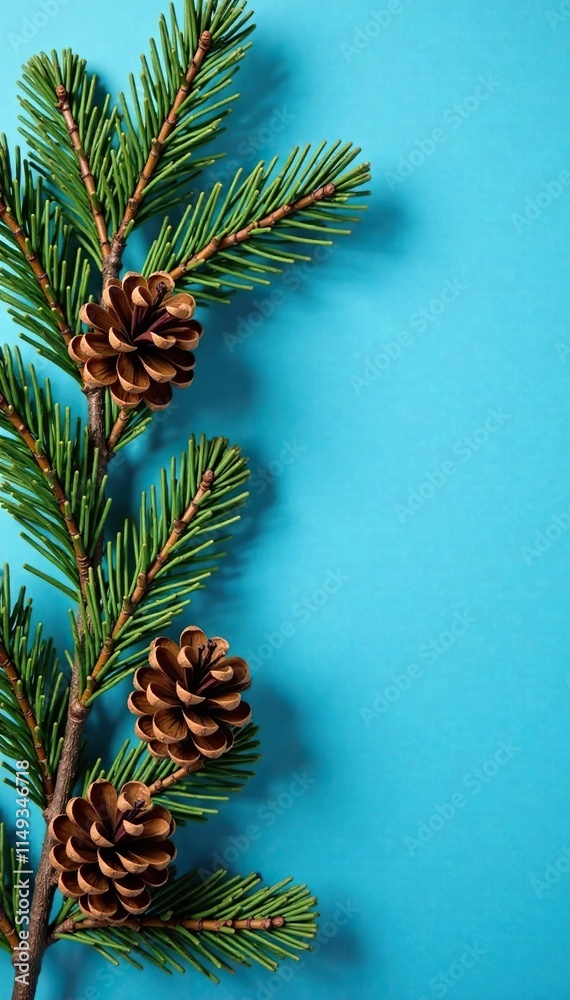 Fototapeta premium Pine branch arrangement on a blue background with pinecones and pine needles, decor, blue, nature