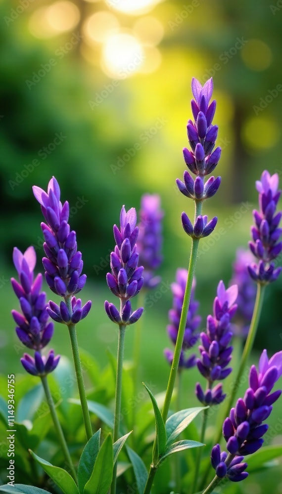 Fototapeta premium Purple lavender flowers in a garden with lush greenery and sunlight filtering through leaves, purple flowers, lavender