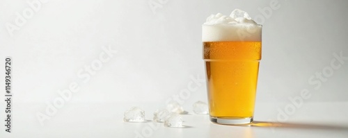 Plastic disposable cup filled with ice and beer ale or lager on a white surface, ice, lager, beverage