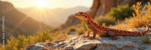 Saara agamid lizard basking in the sun with a rocky outcrop in background, sunlight, landscape photo