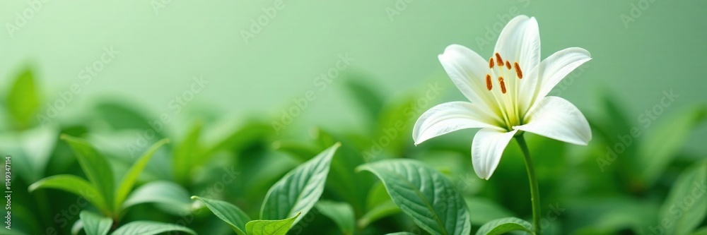 Fototapeta premium single white lily on a bed of green leaves in a minimalist floral arrangement, bouquet, plant, greenery
