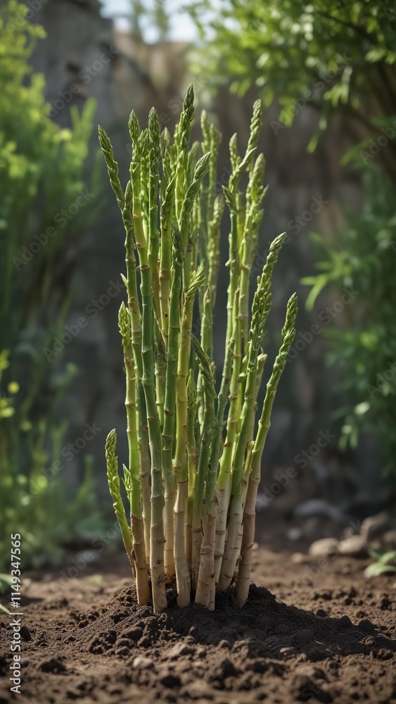 Obraz premium Steady growth of asparagus plant in the garden, leaves, flowers