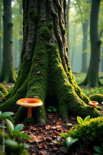 Spring forest with moss and fungi covering tree roots and trunks, nature, tree trunk photo