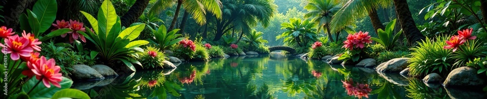 The vibrant colors of the tropical garden are reflected in the calm waters of a small pond amidst the lush greenery, tropical garden, natural scenery, peaceful ambiance The vibrant colors of the tropical garden are reflected in the calm waters of a small pond amidst the lush greenery, tropical garden, natural scenery, peaceful ambiance