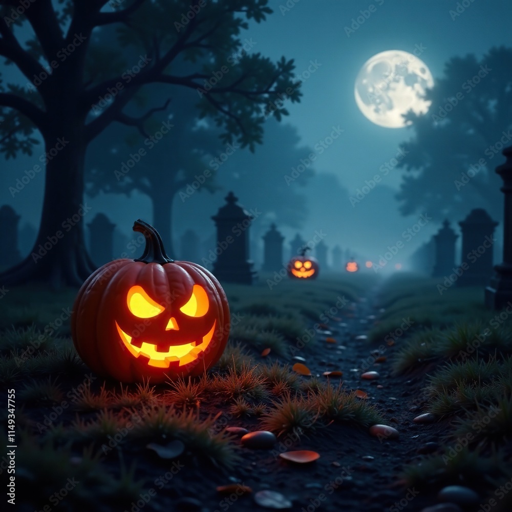 The soft glow of a pumpkin lantern illuminates a spooky graveyard scene, fog, darkness, graveyard The soft glow of a pumpkin lantern illuminates a spooky graveyard scene, fog, darkness, graveyard
