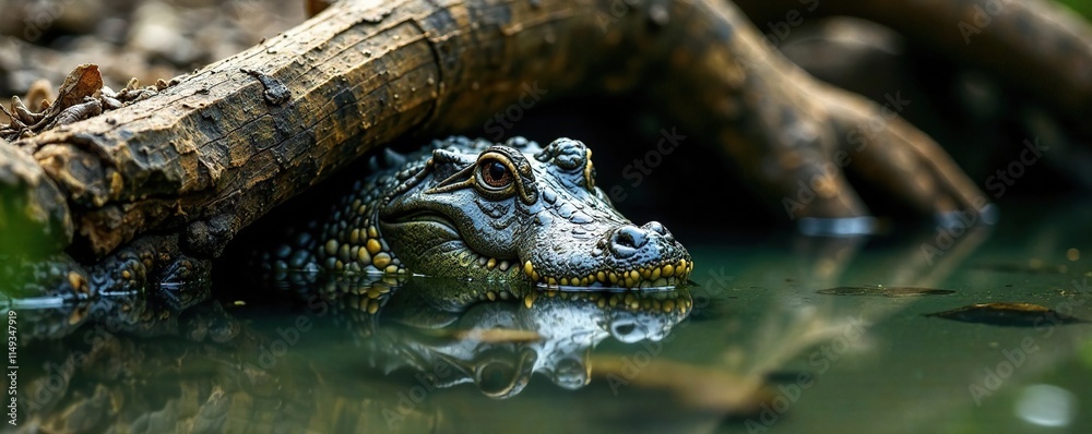 Fototapeta premium Water alligator hiding behind a submerged rock, branches, rocks