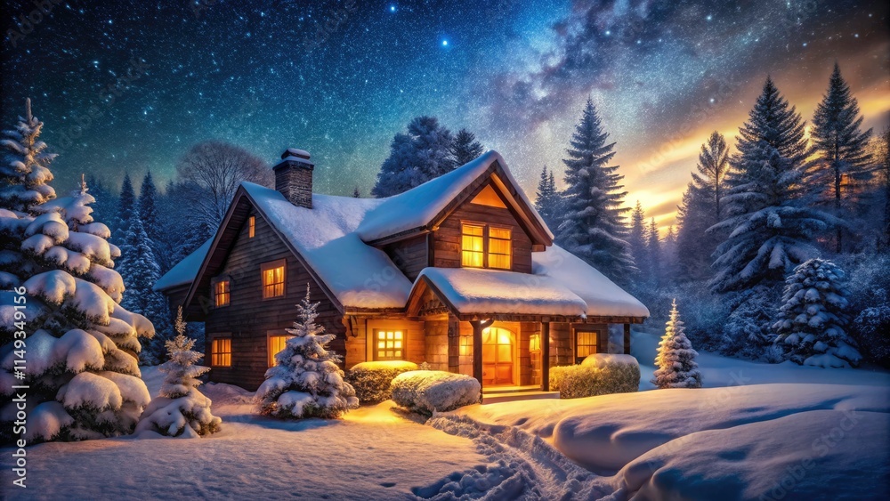 Fototapeta premium Snowy Night House, Winter Wonderland Cottage, Christmas Eve Scene, Illuminated Cabin, Snowfall Landscape Photography