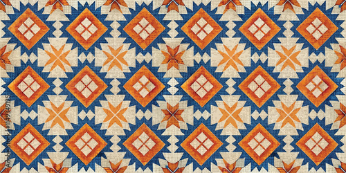 Colorful geometric patterns featuring orange, blue, and cream hues, creating a vibrant symmetrical design.