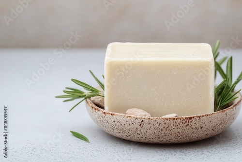 Wallpaper Mural Shea butter enriches natural soap. Natural soap on a plate with rosemary leaves. Torontodigital.ca