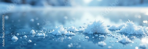 Snowflakes settle on a frozen lake with a gradient background, frost, white