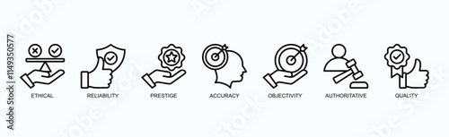 Principles Of Excellence And Integrity Icon Set Isolated Vector Illustration Concept With Icon Of Ethical, Reliability, Prestige, Accuracy, Objectivity, Authoritative, Quality In Outline Style
