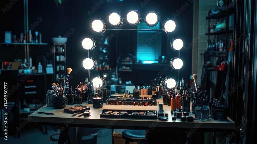 A makeup artist's vanity with a large mirror, bright lights, and professional tools scattered around. A makeup artist's vanity with a large mirror, bright lights, and professional tools scattered around.