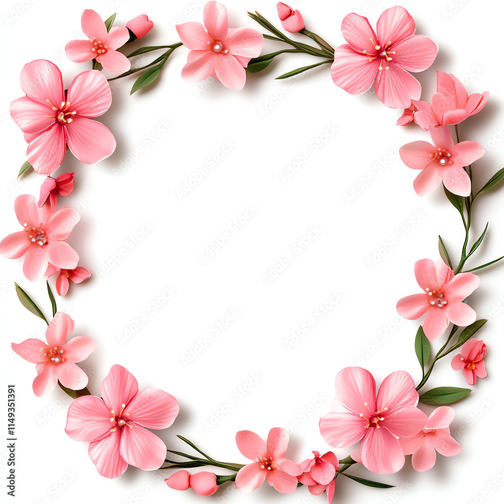 A beautiful circular arrangement of pink flowers with delicate petals and green leaves. A beautiful circular arrangement of pink flowers with delicate petals and green leaves.
