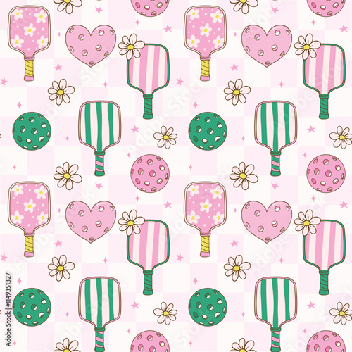 Preppy Pink Pickleball Paddles Seamless Pattern Isolated on Background.