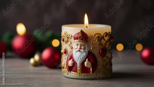 Holiday decorations with a festive candle featuring a jolly Santa Claus against a cozy backdrop