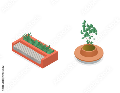 Axonometric urban landscape plants with seating vector block