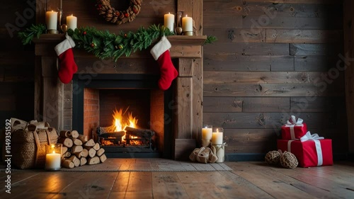 Cozy winter evening by the fireplace with decorations, gifts, and warm ambiance