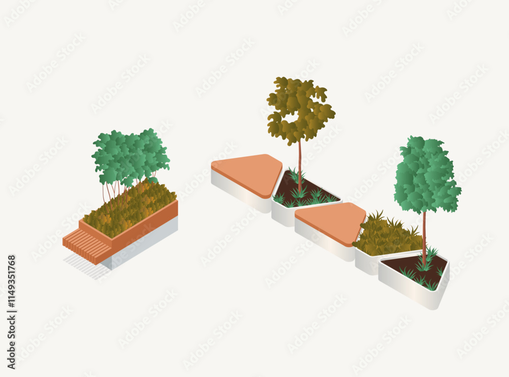 Axonometric urban landscape planter tree seat vector block