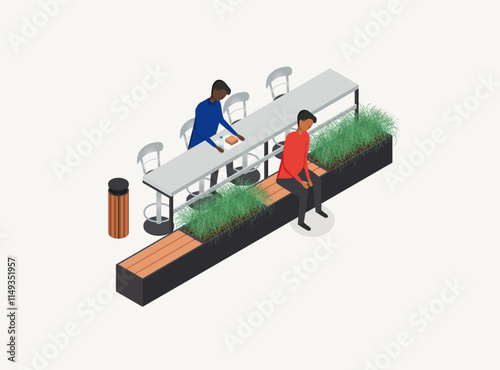 Axonometric street cafe planter seat vector block