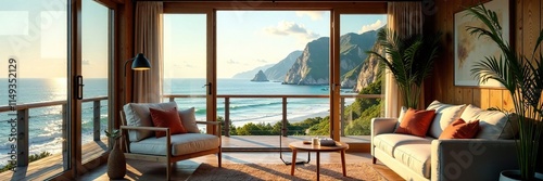 Cozy balcony cabin with large windows and plush furniture, oceanview, calming, photo