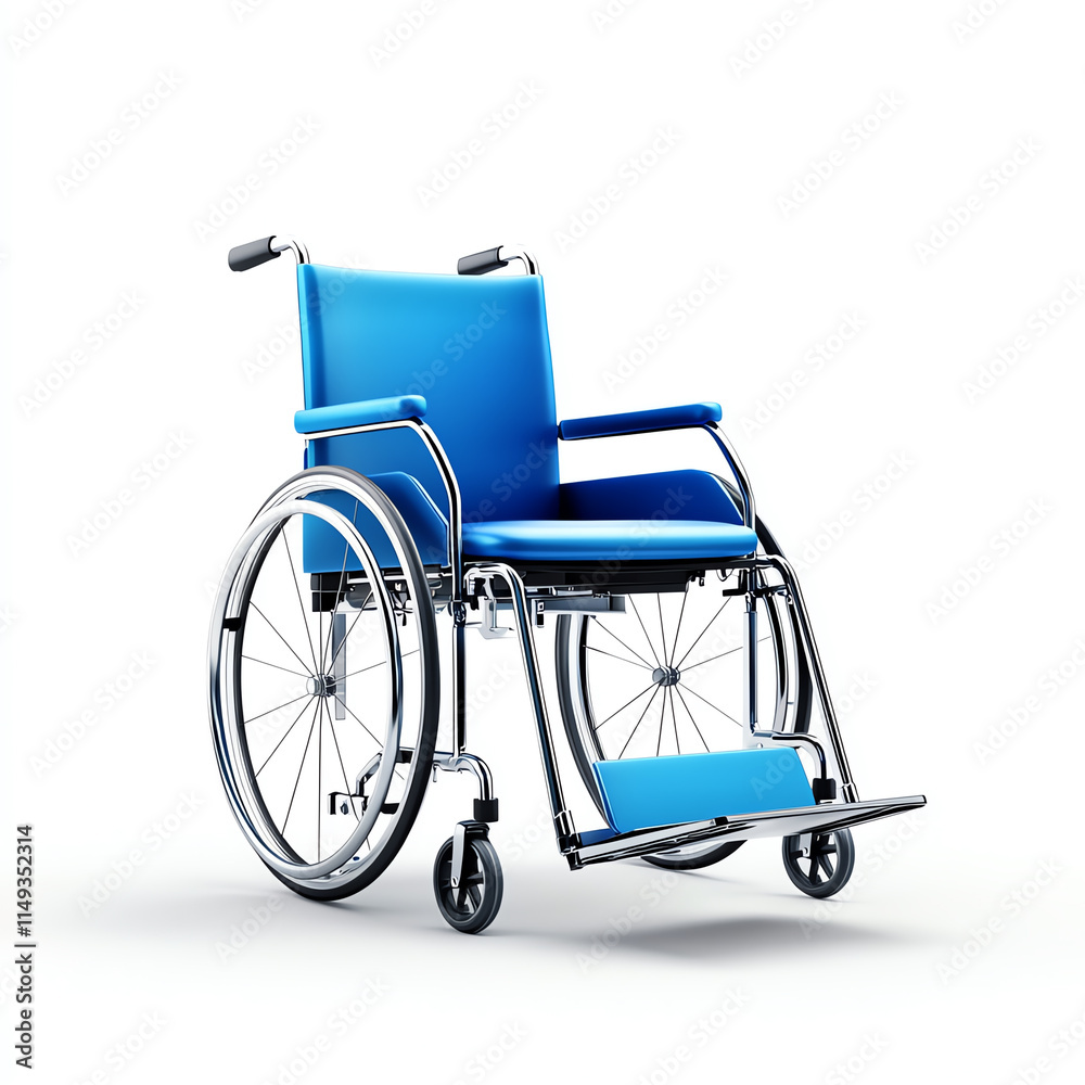 Fototapeta premium A blue wheelchair on a white background symbolizing mobility and accessibility.