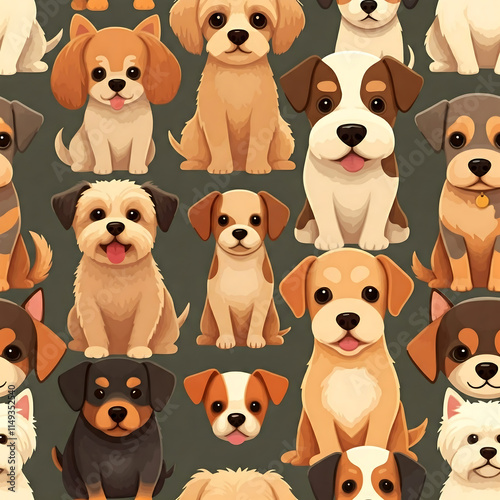 Adorable Dog Pattern: A playful and charming seamless pattern featuring various adorable dogs in cartoon style, perfect for pet lovers and anyone seeking a cheerful and whimsical design.