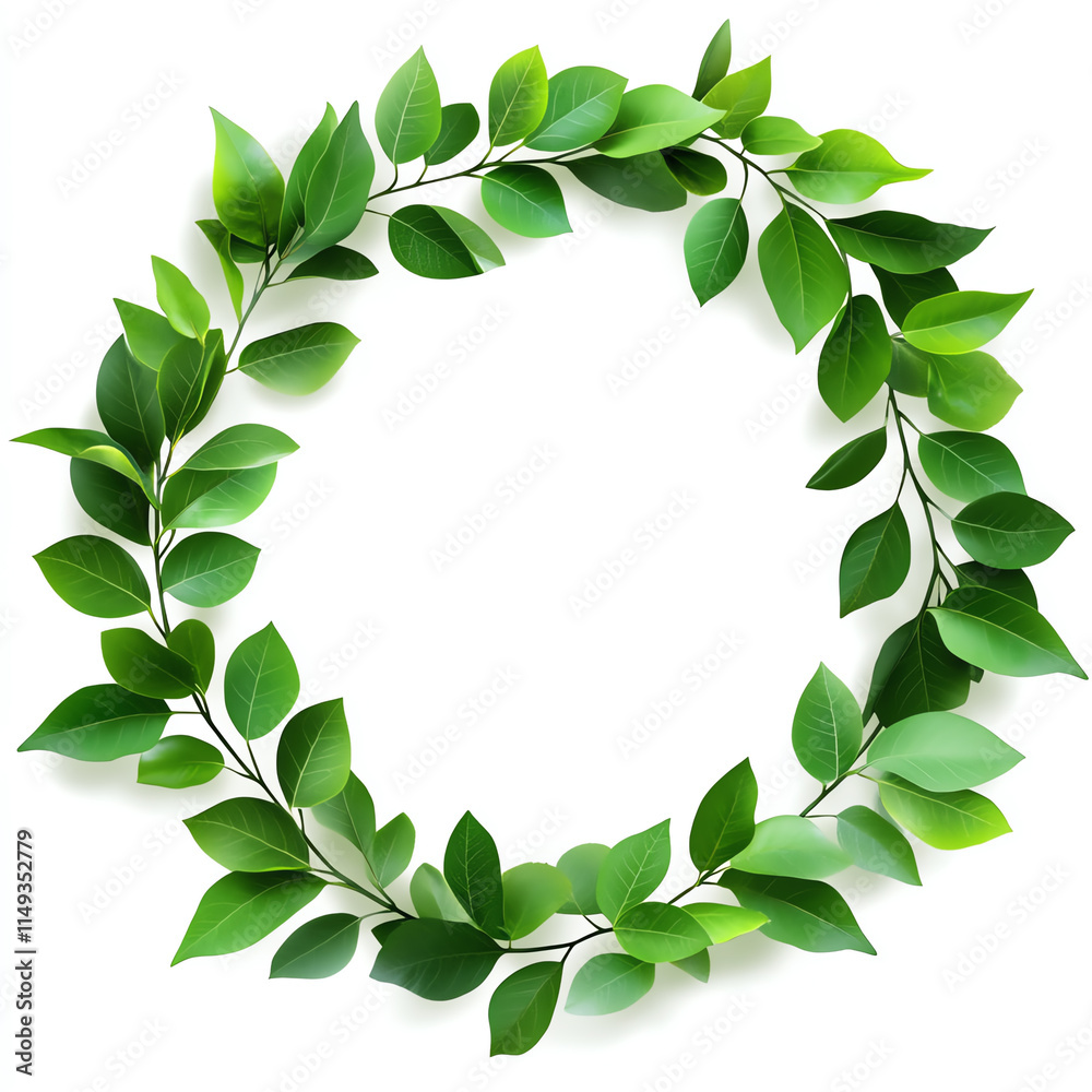 Fototapeta premium A circular arrangement of vibrant green leaves on a white background.
