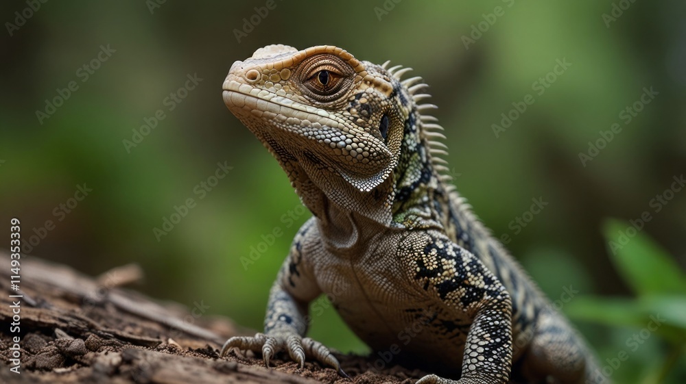 Close-up of a lizard on a log. Close-up of a lizard on a log.
