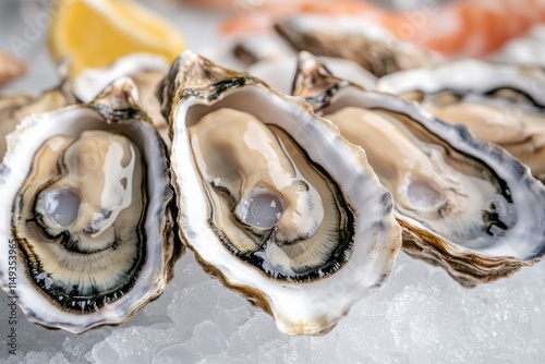 Freshly shucked oysters served on ice, garnished with lemon, offering a delicious seafood experience.