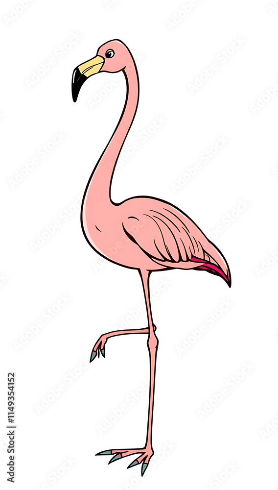 Fototapeta premium “Sassy Flamingo Standing on One Leg Outline Only, No Fill Color, Thicker Line” – A doodle of a flamingo with a sassy pose on one leg, outlined with thick lines and no fill color on a white background.
