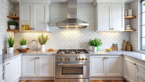 Modern White Kitchen with Subway Tile Backsplash, Stainless Steel Range Hood & Gas Stove