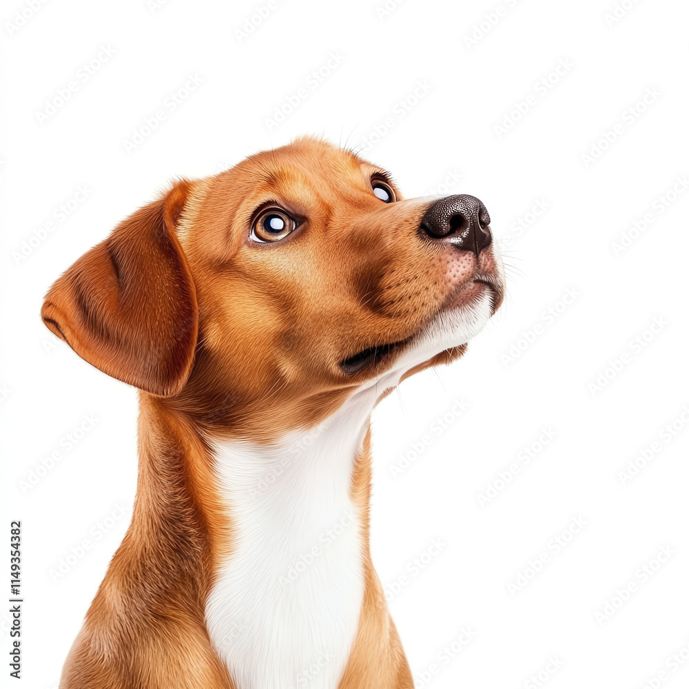 A curious brown dog with soulful eyes looking up against a white background. A curious brown dog with soulful eyes looking up against a white background.