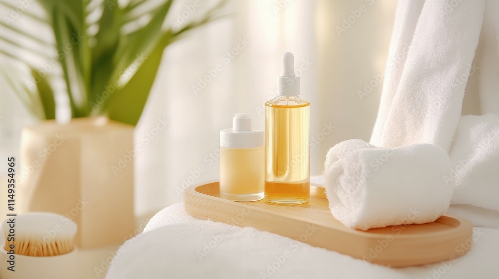 A tray with two bottles of lotion and a towel A tray with two bottles of lotion and a towel