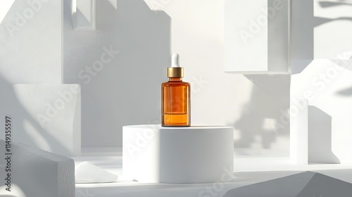 Wallpaper Mural A minimalist composition featuring an amber serum bottle on a white podium with geometric shapes. Torontodigital.ca