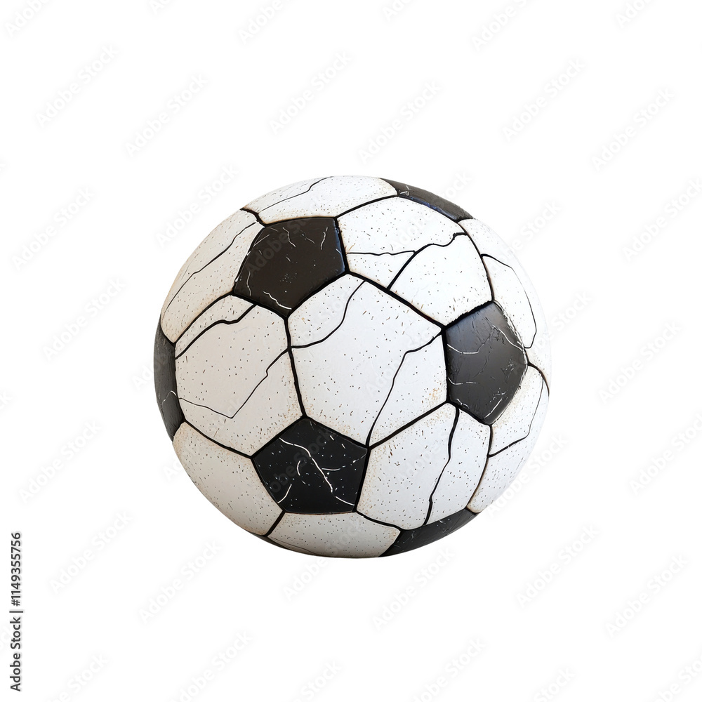 Fototapeta premium Realistic Soccer Ball with Detailed Texture and Cracks on Surface for Sports and Recreational Activities in a White and Black Design
