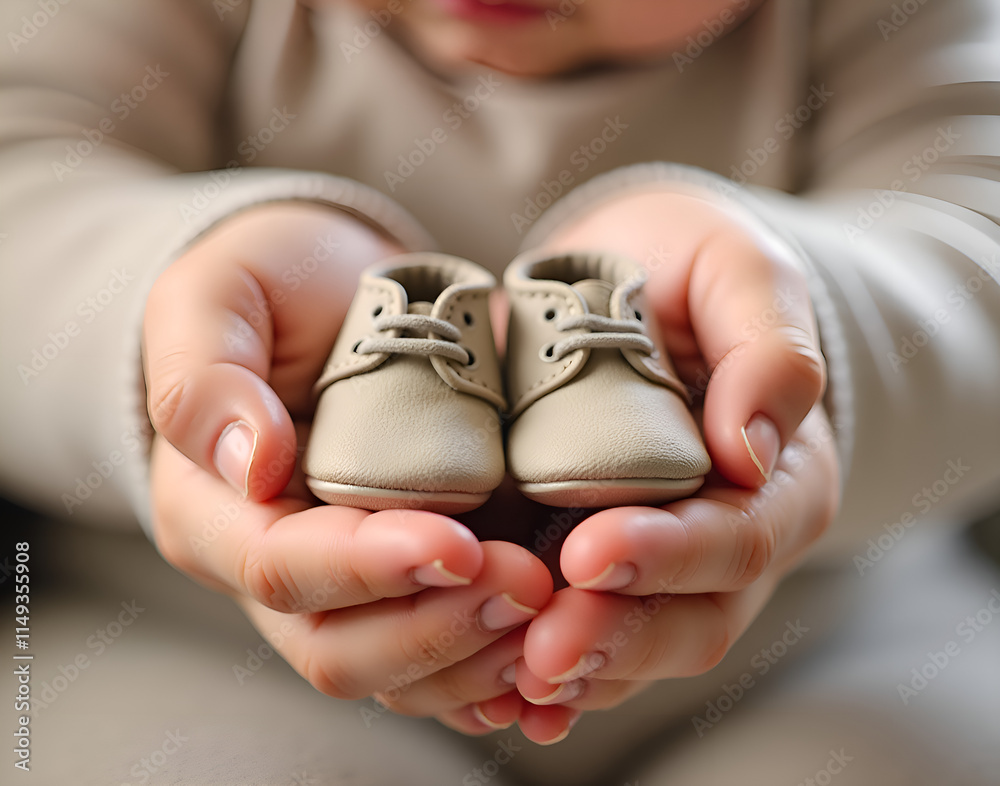 Fototapeta premium Adorable baby shoes held in a child's hands with soft focus and warm colors