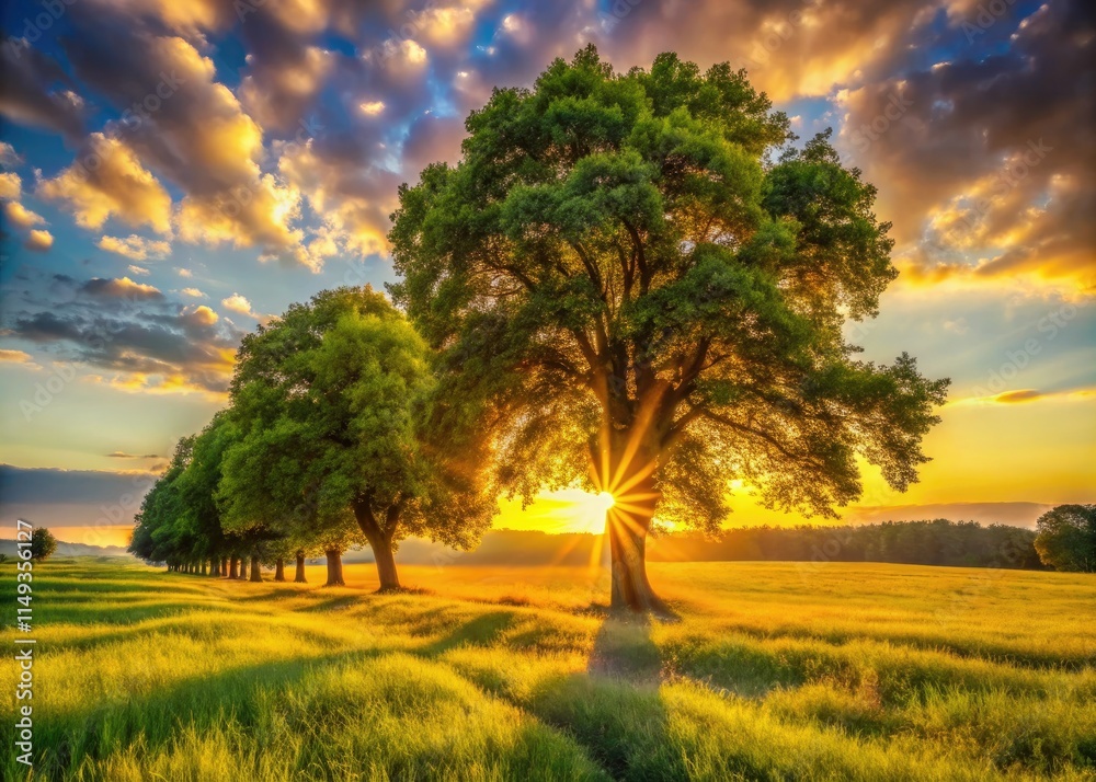 Fototapeta premium Golden hour bathes a sunlit field, trees framing a rural landscape, composed with the rule of thirds.