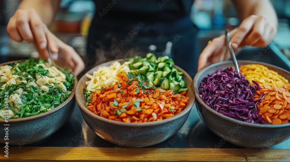 Obraz premium Three Bowls of Colorful Salads