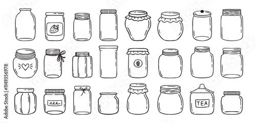Jars hand drawn doodle isolated on white background. Jar empty, template outline drawing elements collection.