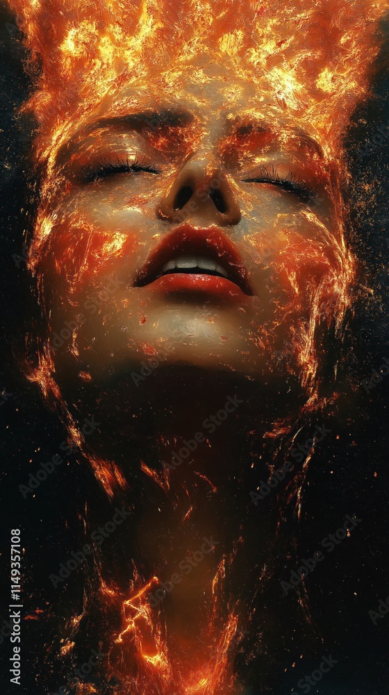Abstract portrait of woman with eyes closed. Fire, energy surround face. Passionate, intense emotional expression portrayed. Intriguing surreal image. Dynamic visual representation. Powerful, Abstract portrait of woman with eyes closed. Fire, energy surround face. Passionate, intense emotional expression portrayed. Intriguing surreal image. Dynamic visual representation. Powerful,