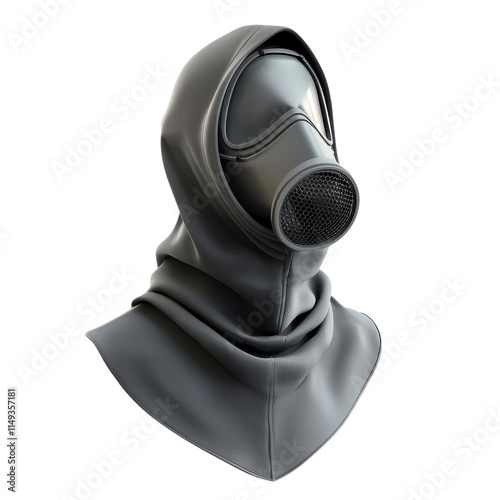 Dark and Mysterious Gas Mask Wearing Figure with Hooded Cloak, Emphasizing Themes of Adventure and Survival, Ideal for Post-Apocalyptic and Dystopian Imagery photo