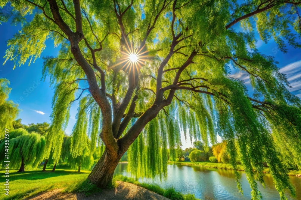 Obraz premium High-resolution aerial shot: windswept weeping willow leaves dance, a nature's masterpiece.