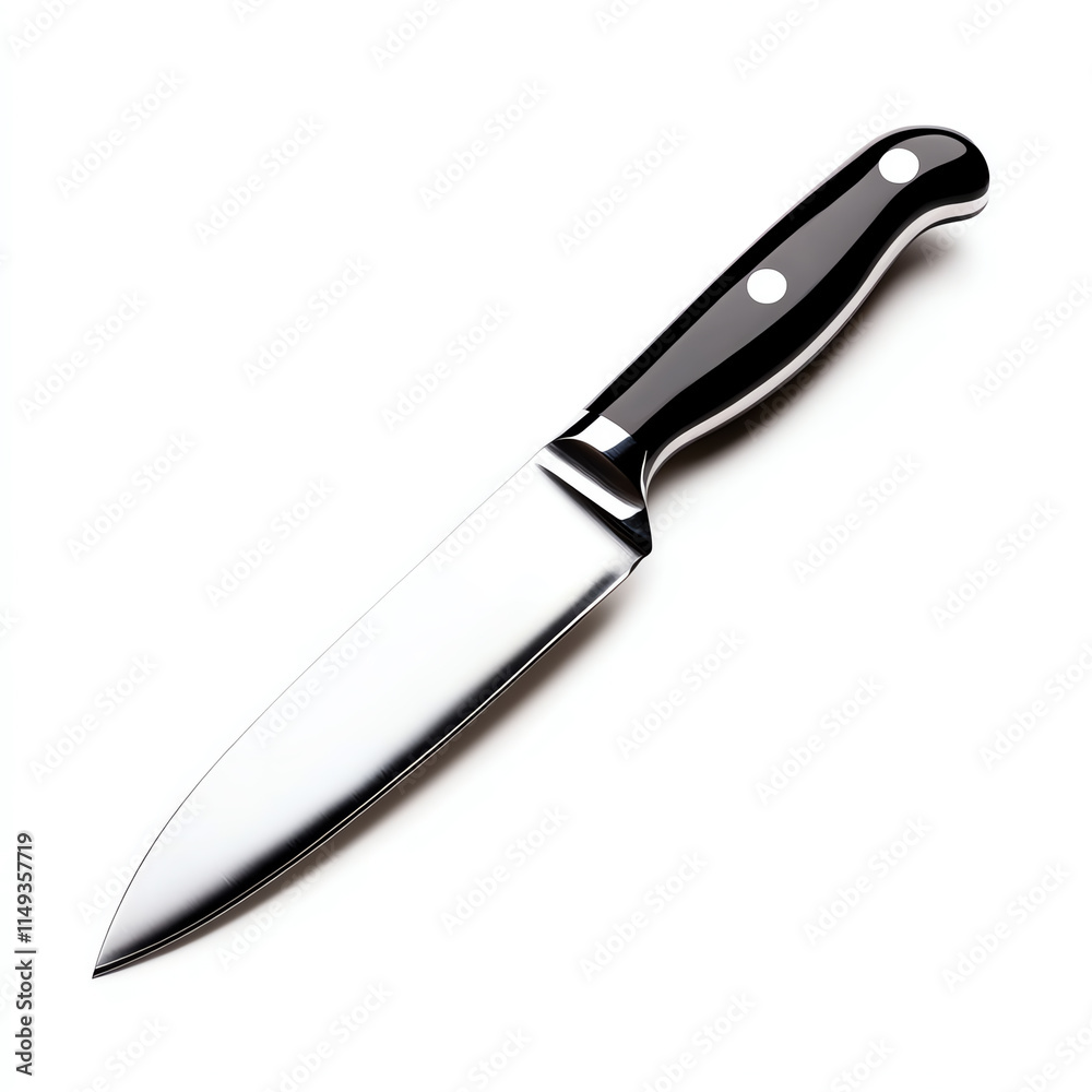 A sharp, stainless steel kitchen knife with a black handle, ideal for food preparation. A sharp, stainless steel kitchen knife with a black handle, ideal for food preparation.