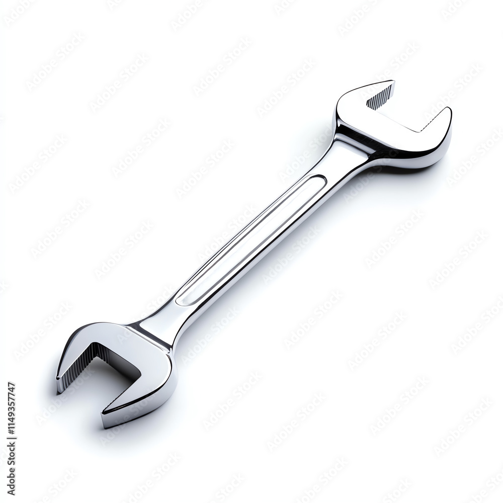 A shiny chrome wrench designed for various mechanical tasks and repairs. A shiny chrome wrench designed for various mechanical tasks and repairs.