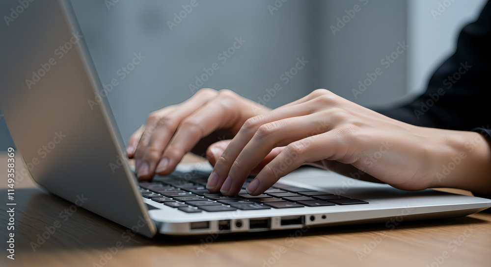 Close-up of Hands Typing on a Laptop Keyboard, Modern Workspace, Productive Remote Work Concept, Business and Technology Focus Close-up of Hands Typing on a Laptop Keyboard, Modern Workspace, Productive Remote Work Concept, Business and Technology Focus