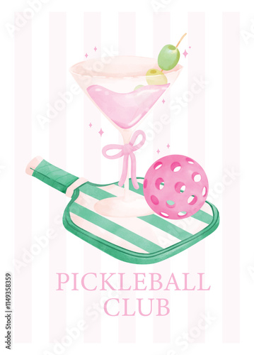 Coquette Pickleball and Martini Preppy Aesthetic Pastel Watercolor Art in Green and Pink