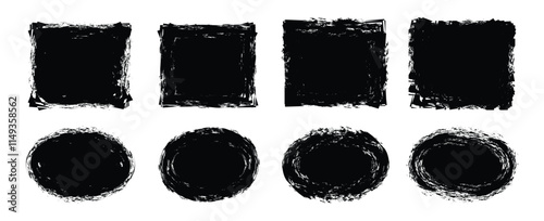 Set of black grunge rectangles, circles shapes on a white background. Paint brush stamp collection. Vector brush rectangle, circle. Grunge shape.